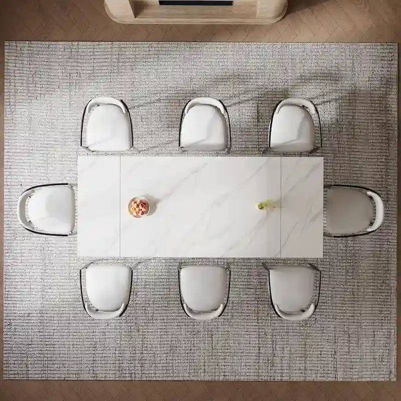Ensemble de salle à manger moderne et minimaliste 9 pièces avec plateau en pierre frittée extensible et double piétement de 94,48 pouces
