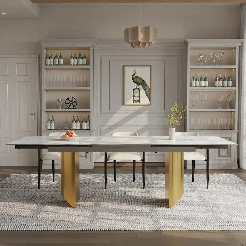 Ensemble de salle à manger moderne et minimaliste 9 pièces avec plateau en pierre frittée extensible et double piétement de 94,48 pouces