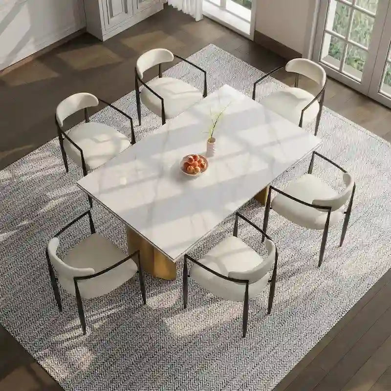 Ensemble de salle à manger moderne et minimaliste 9 pièces avec plateau en pierre frittée extensible et double piétement de 94,48 pouces