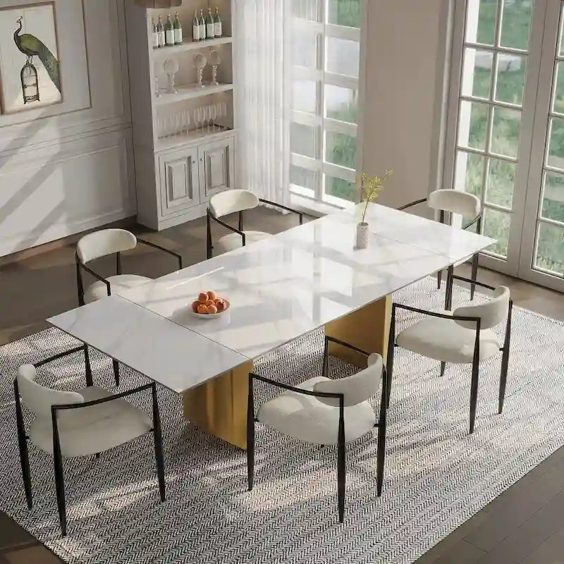 Ensemble de salle à manger moderne et minimaliste 9 pièces avec plateau en pierre frittée extensible et double piétement de 94,48 pouces