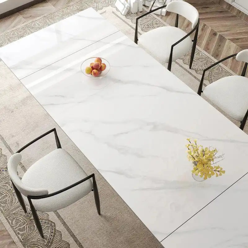 Ensemble de salle à manger moderne et minimaliste 9 pièces avec plateau en pierre frittée extensible et double piétement de 94,48 pouces