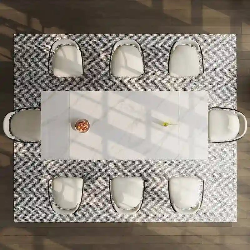 Ensemble de salle à manger moderne et minimaliste 9 pièces avec plateau en pierre frittée extensible et double piétement de 94,48 pouces