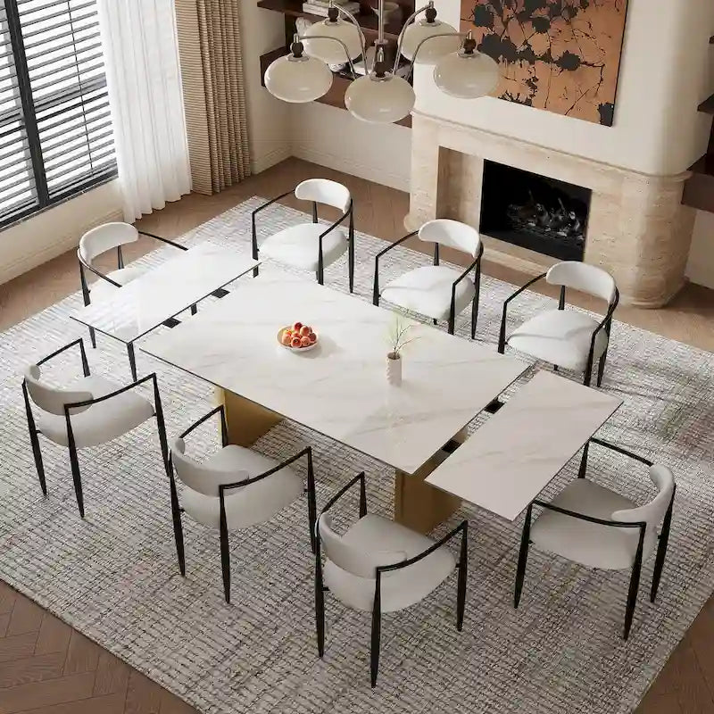 Ensemble de salle à manger moderne et minimaliste 9 pièces avec plateau en pierre frittée extensible et double piétement de 94,48 pouces