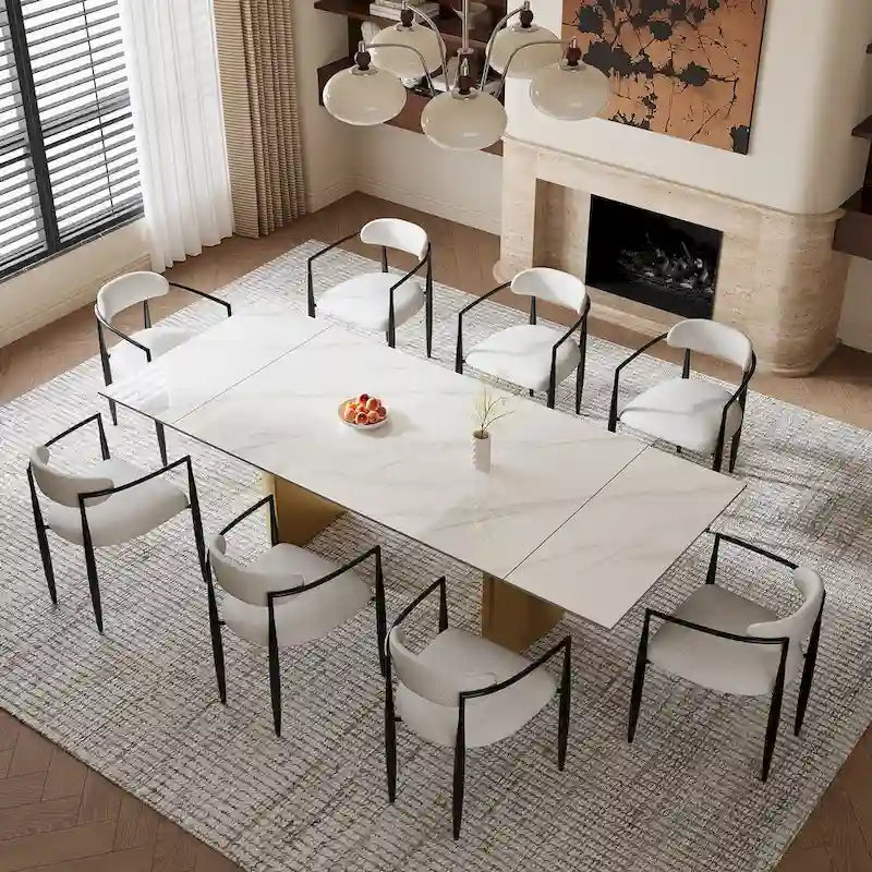 Ensemble de salle à manger moderne et minimaliste 9 pièces avec plateau en pierre frittée extensible et double piétement de 94,48 pouces