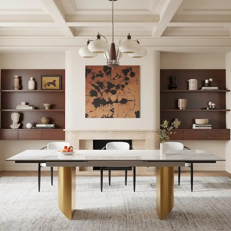 Ensemble de salle à manger moderne et minimaliste 9 pièces avec plateau en pierre frittée extensible et double piétement de 94,48 pouces
