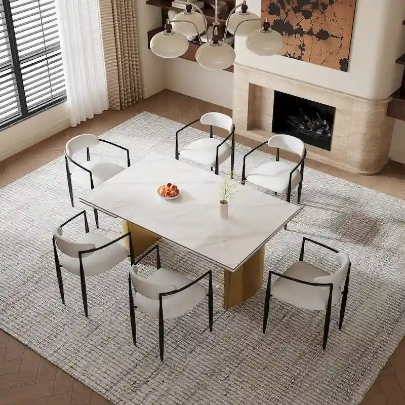 Ensemble de salle à manger moderne et minimaliste 9 pièces avec plateau en pierre frittée extensible et double piétement de 94,48 pouces