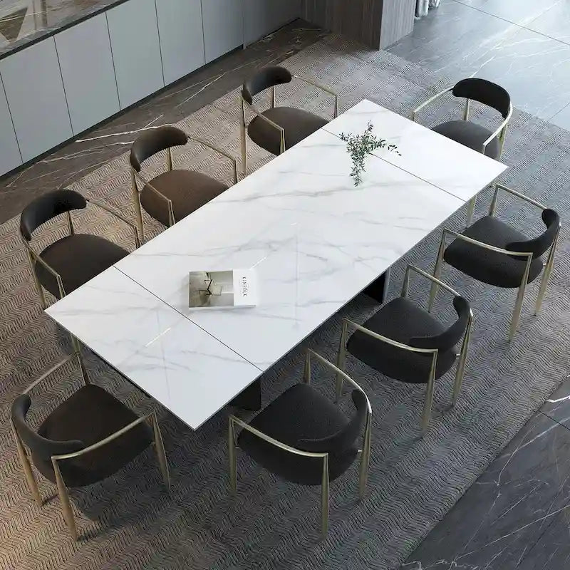 Ensemble de salle à manger moderne et minimaliste 9 pièces avec plateau en pierre frittée extensible et double piétement de 94,48 pouces
