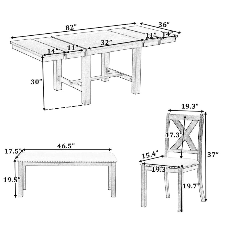 Ensemble de salle à manger 6 pièces avec repose-pieds, 4 chaises et banc, deux rallonges amovibles de 28 cm.