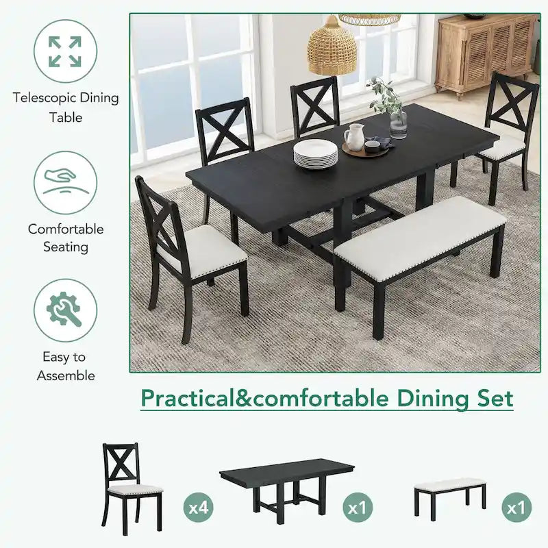 Ensemble de salle à manger 6 pièces avec repose-pieds, 4 chaises et banc, deux rallonges amovibles de 28 cm.