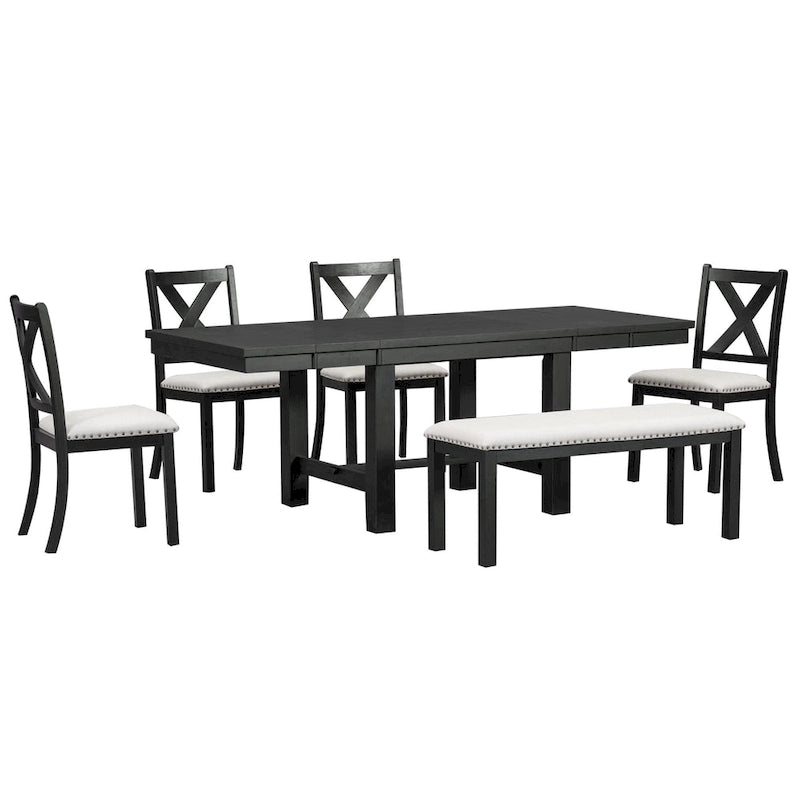 Ensemble de salle à manger 6 pièces avec repose-pieds, 4 chaises et banc, deux rallonges amovibles de 28 cm.
