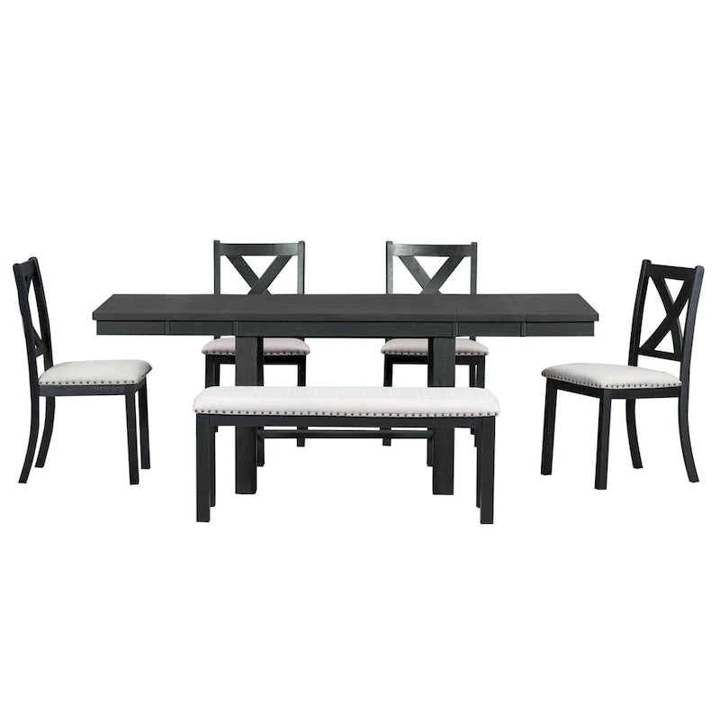 Ensemble de salle à manger 6 pièces avec repose-pieds, 4 chaises et banc, deux rallonges amovibles de 28 cm.
