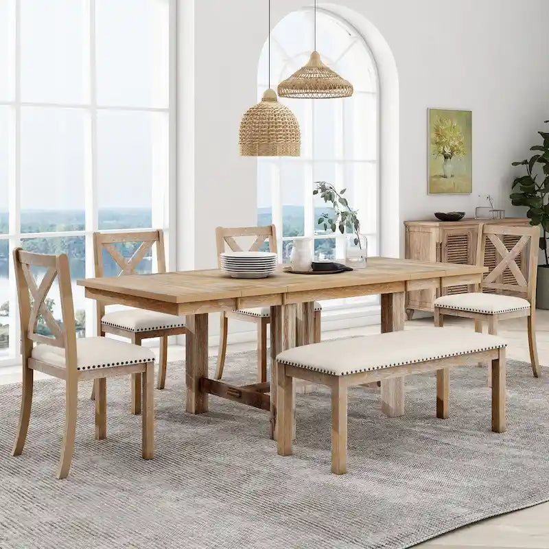 Ensemble de salle à manger 6 pièces avec repose-pieds, 4 chaises et banc, deux rallonges amovibles de 28 cm.