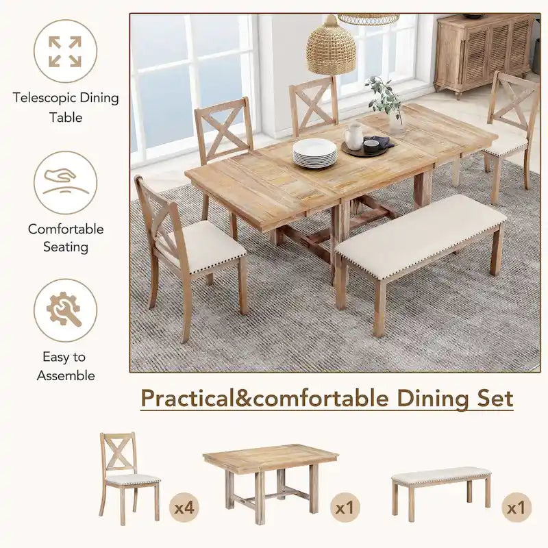 Ensemble de salle à manger 6 pièces avec repose-pieds, 4 chaises et banc, deux rallonges amovibles de 28 cm.