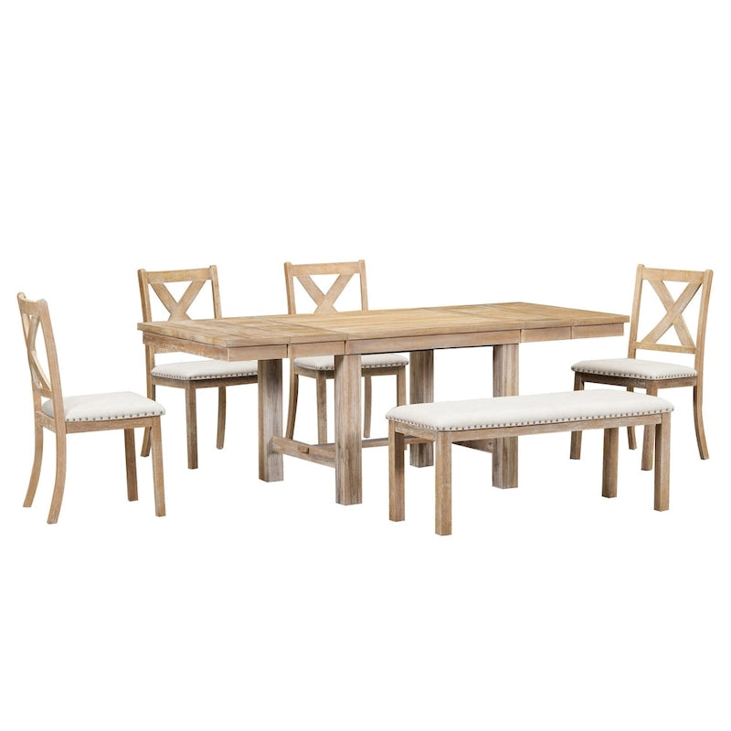 Ensemble de salle à manger 6 pièces avec repose-pieds, 4 chaises et banc, deux rallonges amovibles de 28 cm.