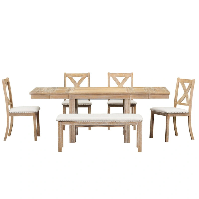 Ensemble de salle à manger 6 pièces avec repose-pieds, 4 chaises et banc, deux rallonges amovibles de 28 cm.