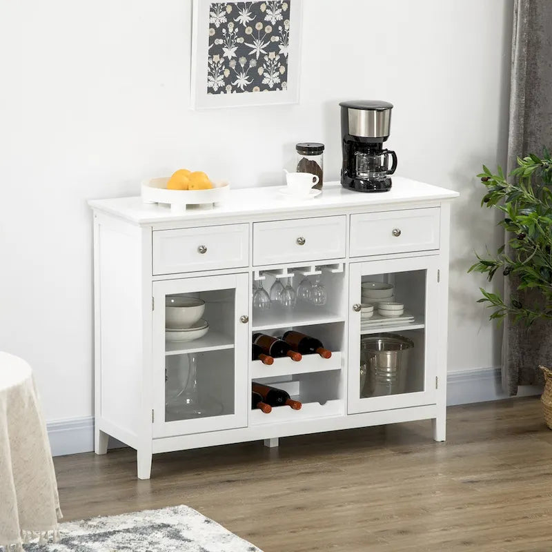 Meuble bar à café avec 3 tiroirs, casier à vin 6 bouteilles, supports à verres à pied, porte vitrée, buffet, cave à vin
