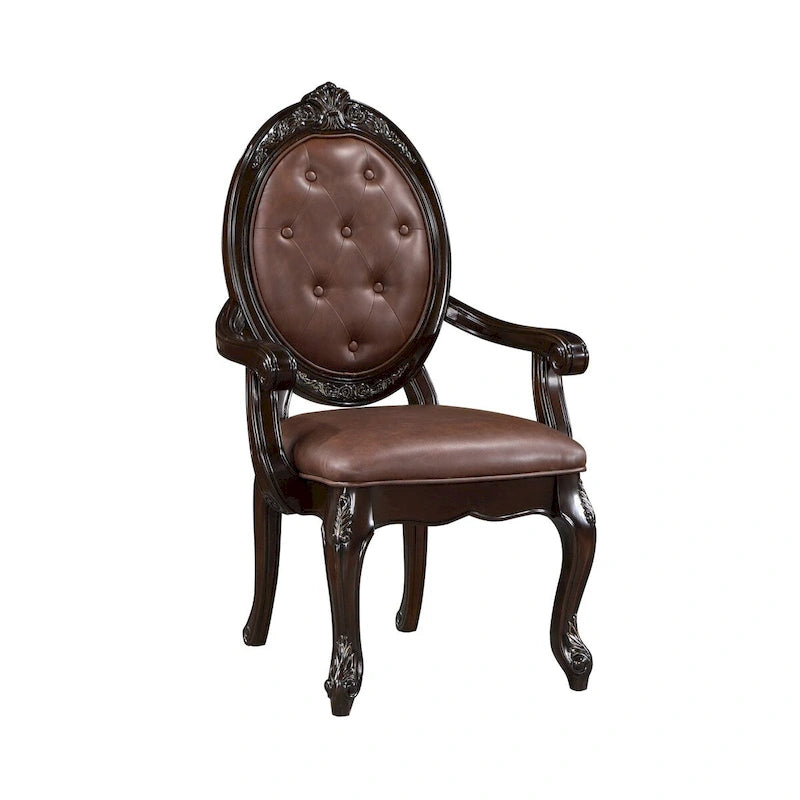 Fauteuil de salle à manger Cran 61 cm, détails sculptés, assise en similicuir, marron