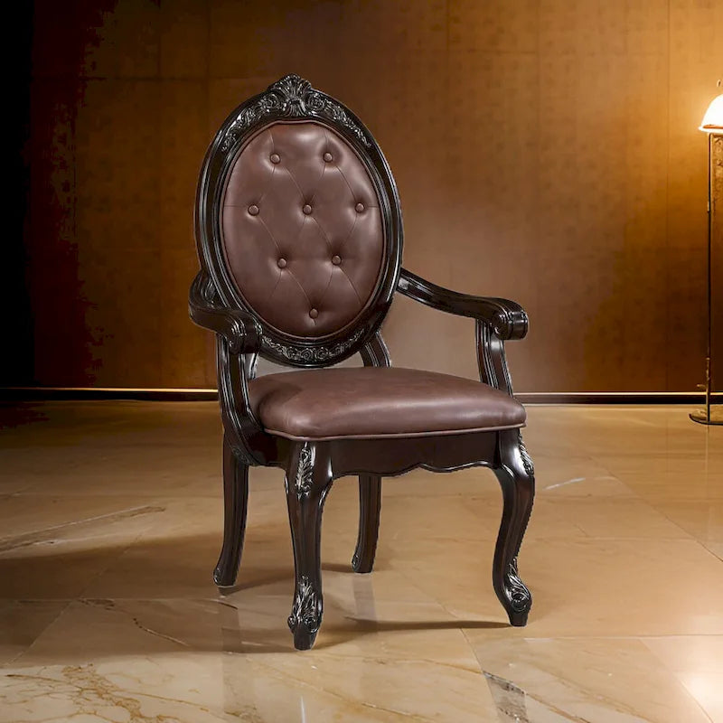 Cran 24 Inch Dining Armchair, Carved Details, Faux Leather Seat, Brown