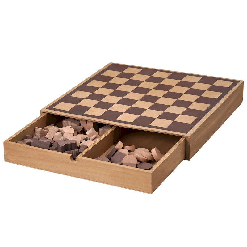 Jeu de société américain Art Decor en bois comprenant un jeu d'échecs et de dames avec tiroir - 6,35 cm (H) x 40,66 cm (L) x 40,66 cm (P)