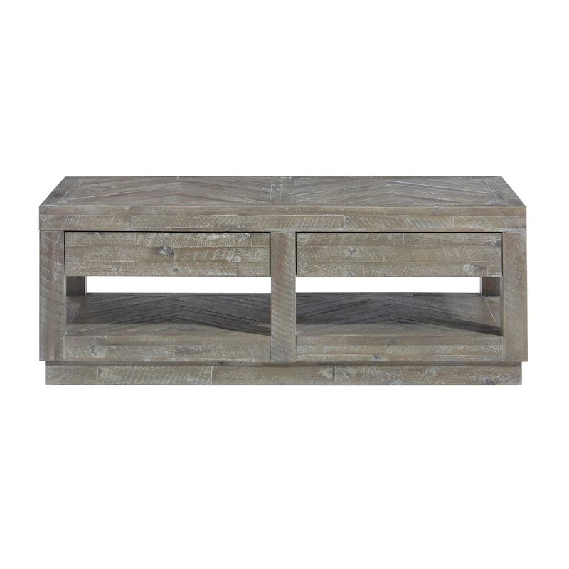 Table basse à deux tiroirs et étagère inférieure avec base plate, gris latte rustique