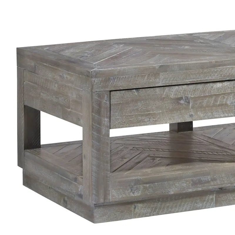 Table basse à deux tiroirs et étagère inférieure avec base plate, gris latte rustique