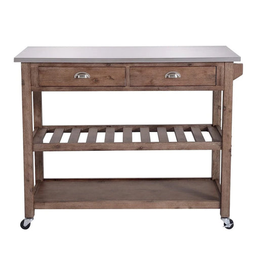 2 Drawers Wooden Kitchen Cart with Metal Top and Casters, Gray and Brown