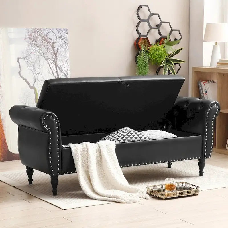 Pouf de rangement en cuir 63 cm avec 1 coussin, charnière de sécurité et boutons, capitonné et clouté
