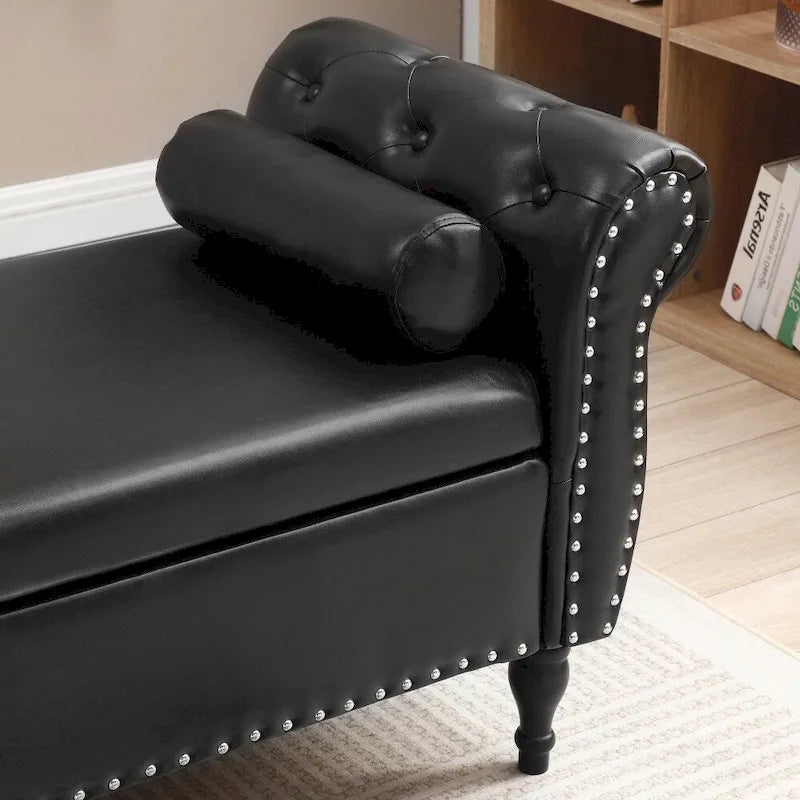 Pouf de rangement en cuir 63 cm avec 1 coussin, charnière de sécurité et boutons, capitonné et clouté