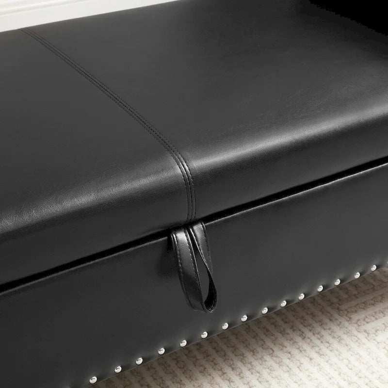 Pouf de rangement en cuir 63 cm avec 1 coussin, charnière de sécurité et boutons, capitonné et clouté