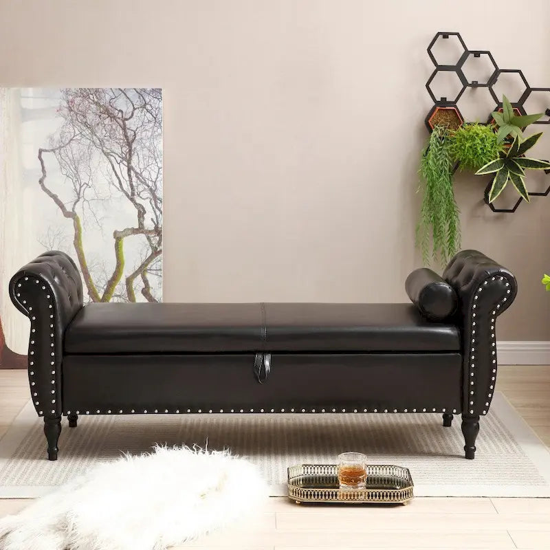 Pouf de rangement en cuir 63 cm avec 1 coussin, charnière de sécurité et boutons, capitonné et clouté