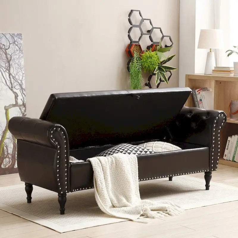Pouf de rangement en cuir 63 cm avec 1 coussin, charnière de sécurité et boutons, capitonné et clouté
