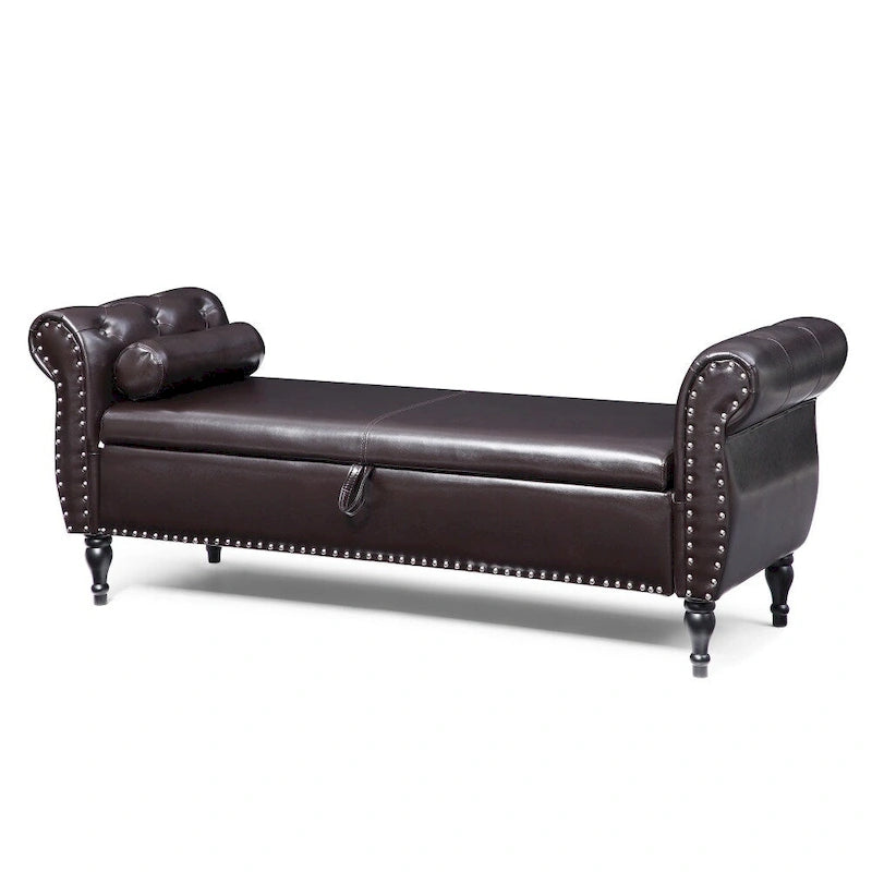 Pouf de rangement en cuir 63 cm avec 1 coussin, charnière de sécurité et boutons, capitonné et clouté