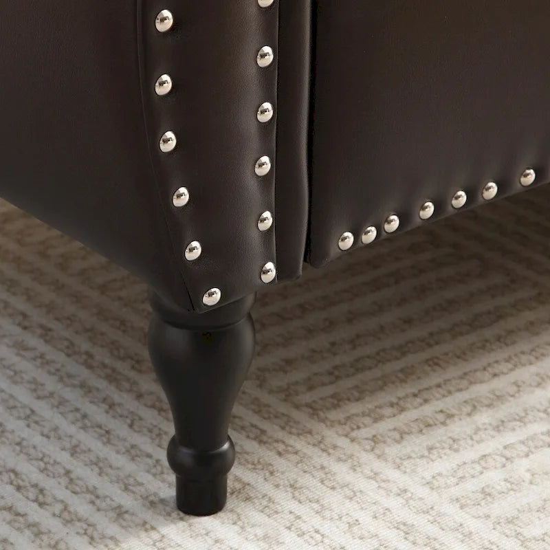 Pouf de rangement en cuir 63 cm avec 1 coussin, charnière de sécurité et boutons, capitonné et clouté