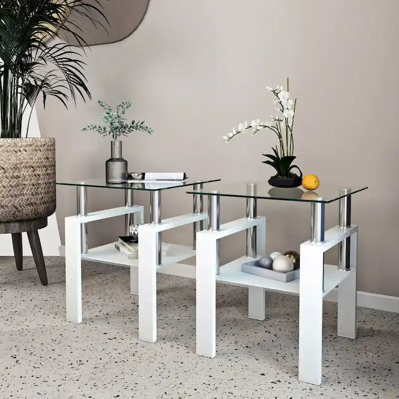 Ensemble de 2 tables basses/tables d'appoint carrées modernes en verre trempé noir, idéales pour le salon.