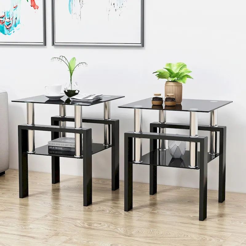 Ensemble de 2 tables basses/tables d'appoint carrées modernes en verre trempé noir, idéales pour le salon.