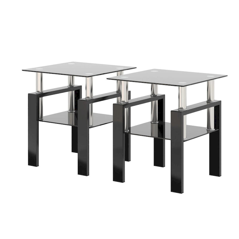 Ensemble de 2 tables basses/tables d'appoint carrées modernes en verre trempé noir, idéales pour le salon.