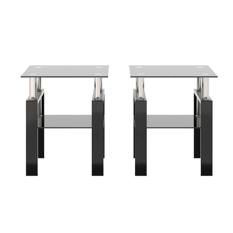 Ensemble de 2 tables basses/tables d'appoint carrées modernes en verre trempé noir, idéales pour le salon.