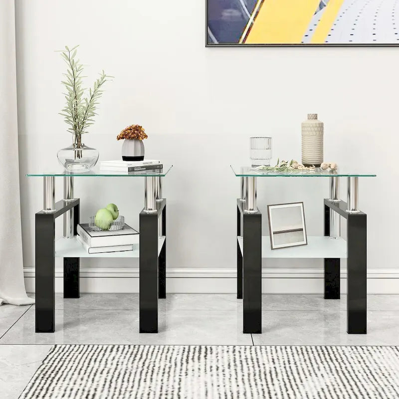 Ensemble de 2 tables basses/tables d'appoint carrées modernes en verre trempé noir, idéales pour le salon.
