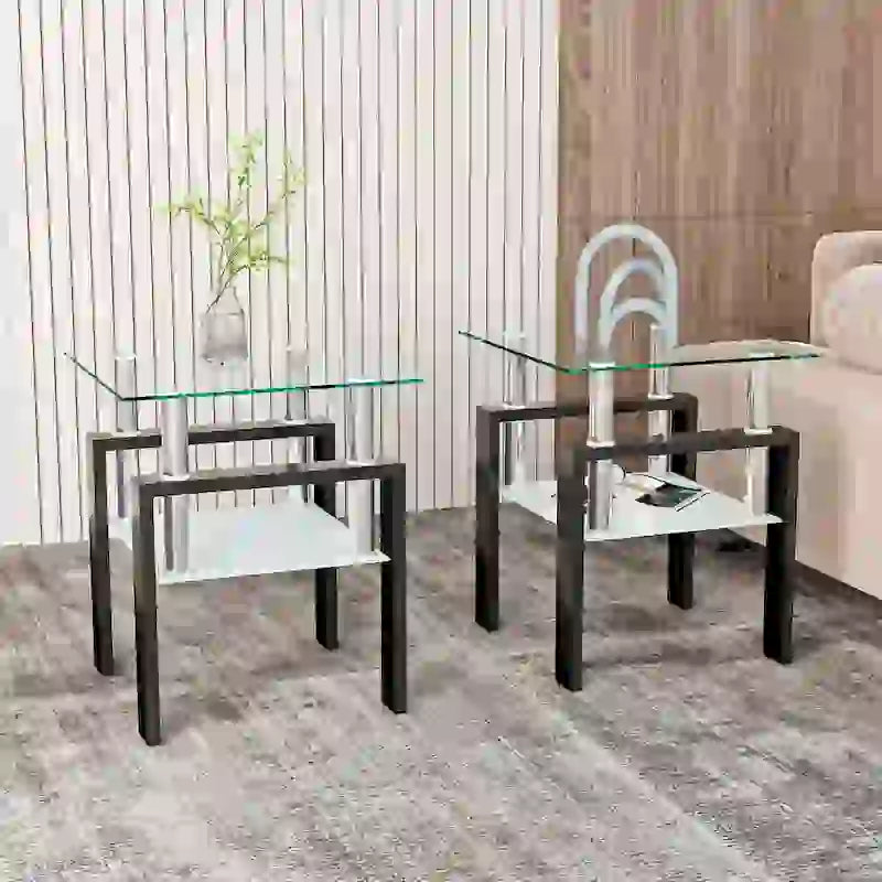 Ensemble de 2 tables basses/tables d'appoint carrées modernes en verre trempé noir, idéales pour le salon.
