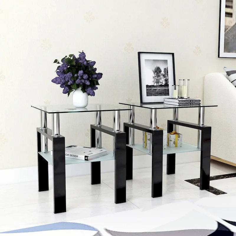 Ensemble de 2 tables basses/tables d'appoint carrées modernes en verre trempé noir, idéales pour le salon.