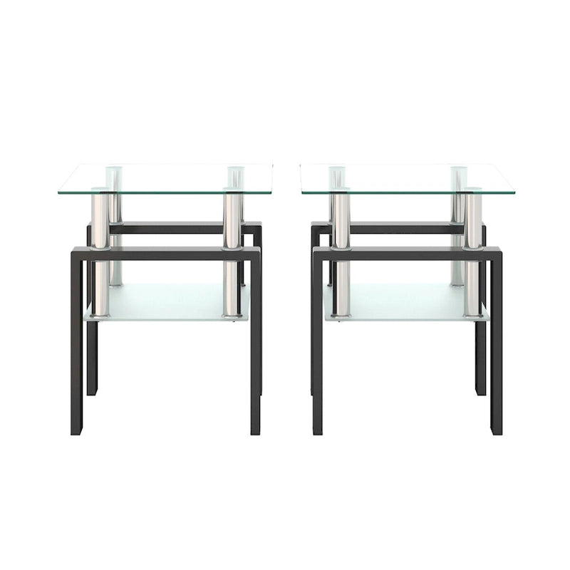 Ensemble de 2 tables basses/tables d'appoint carrées modernes en verre trempé noir, idéales pour le salon.