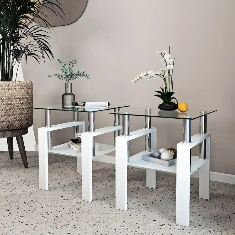 Ensemble de 2 tables basses/tables d'appoint carrées modernes en verre trempé noir, idéales pour le salon.