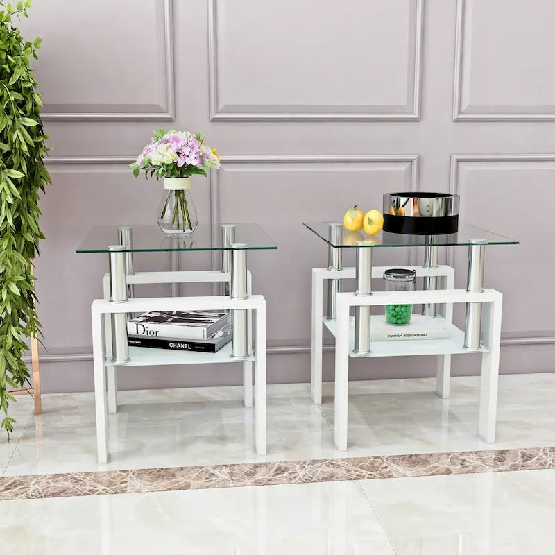 Ensemble de 2 tables basses/tables d'appoint carrées modernes en verre trempé noir, idéales pour le salon.