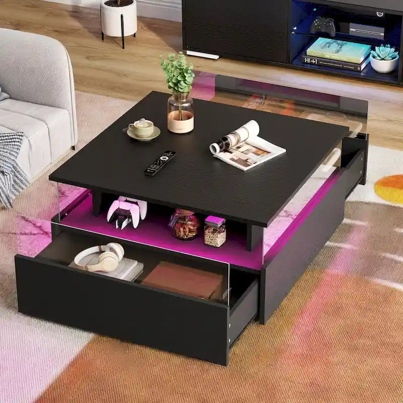 Table basse carrée moderne Moasis avec tiroirs et éclairage LED, table basse en acrylique et bois
