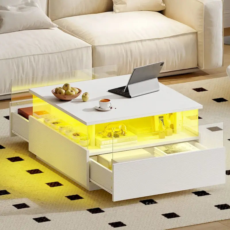 Table basse carrée moderne Moasis avec tiroirs et éclairage LED, table basse en acrylique et bois
