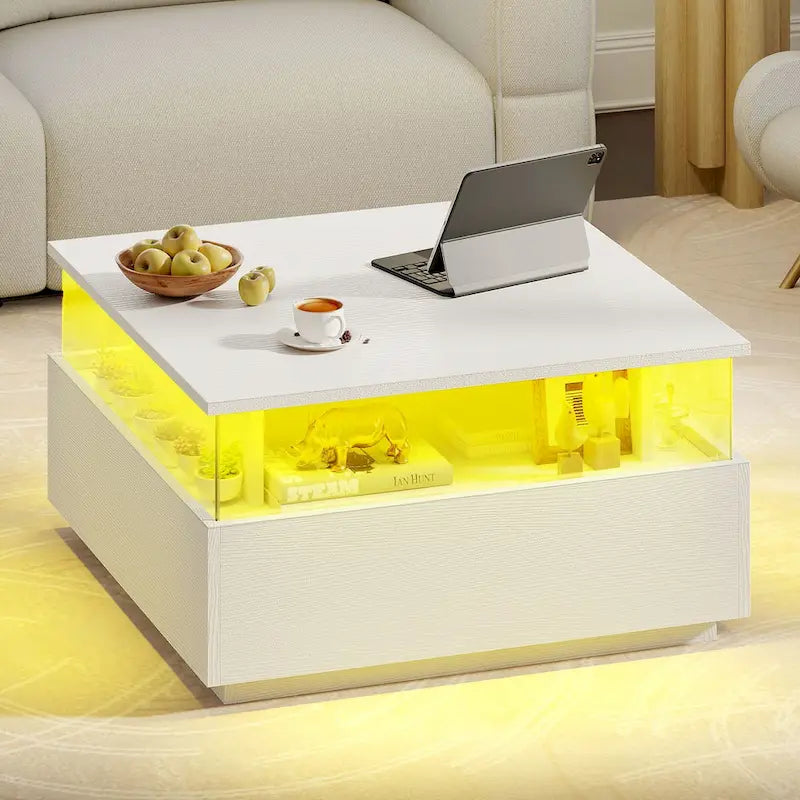 Table basse carrée moderne Moasis avec tiroirs et éclairage LED, table basse en acrylique et bois