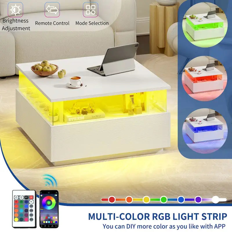 Table basse carrée moderne Moasis avec tiroirs et éclairage LED, table basse en acrylique et bois