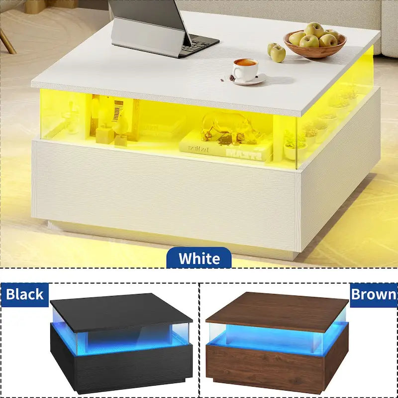 Table basse carrée moderne Moasis avec tiroirs et éclairage LED, table basse en acrylique et bois