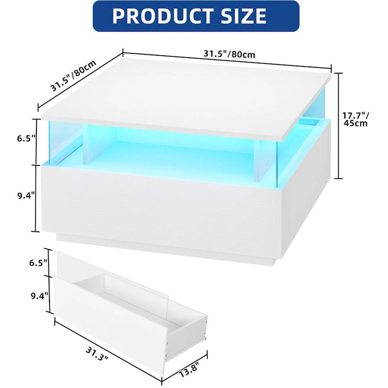 Table basse carrée moderne Moasis avec tiroirs et éclairage LED, table basse en acrylique et bois