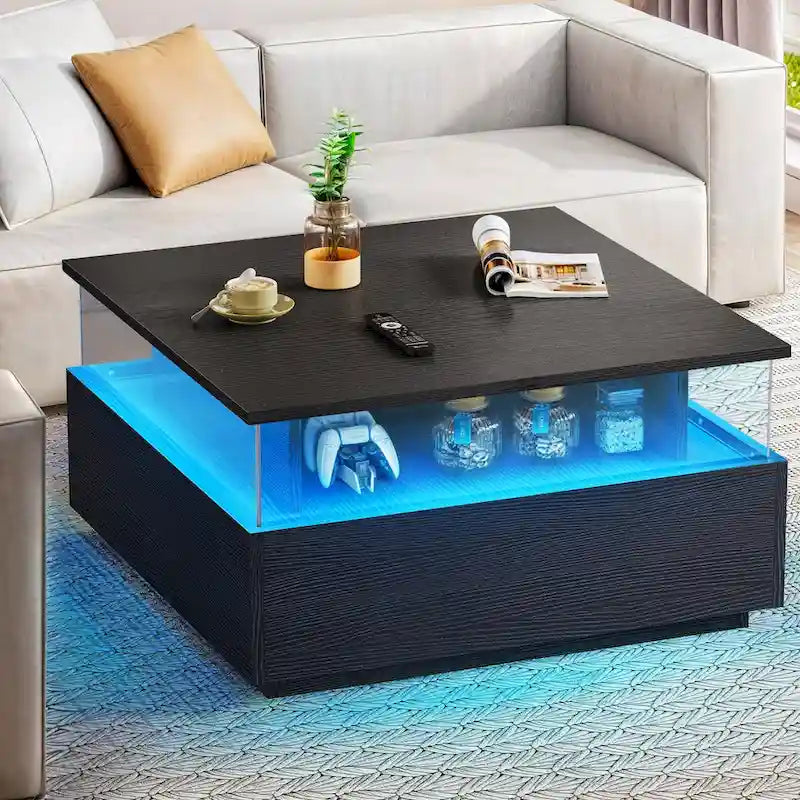 Table basse carrée moderne Moasis avec tiroirs et éclairage LED, table basse en acrylique et bois